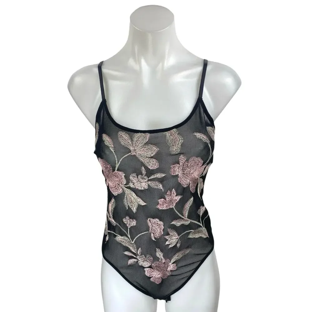Express Black Pink Floral Embroidered Mesh Sheer Sleeveless Cami Bodysuit Top S